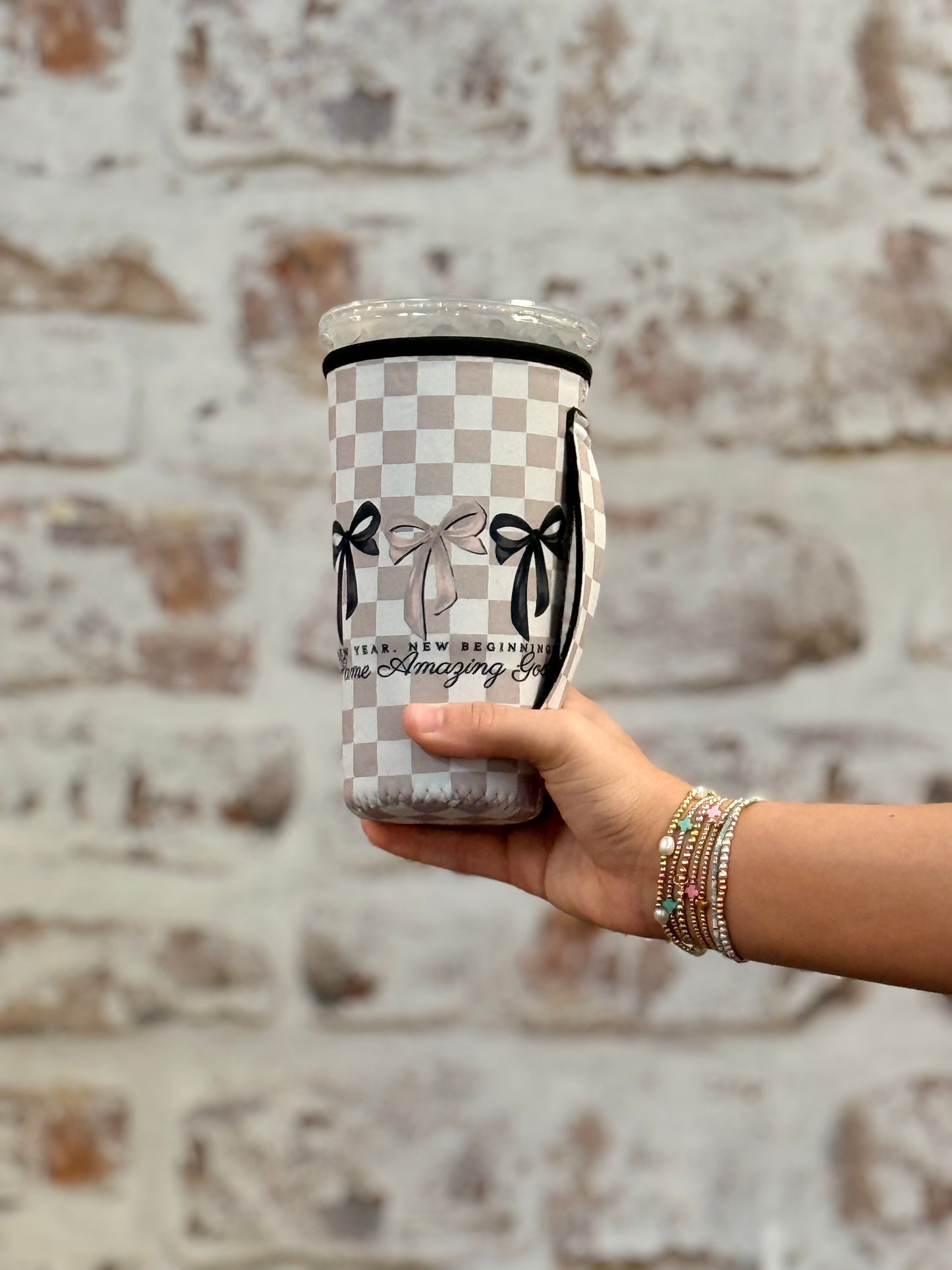 NEW YEAR NEW BEGINNING NEUTRAL CHECKERED | TEA KOOZIE