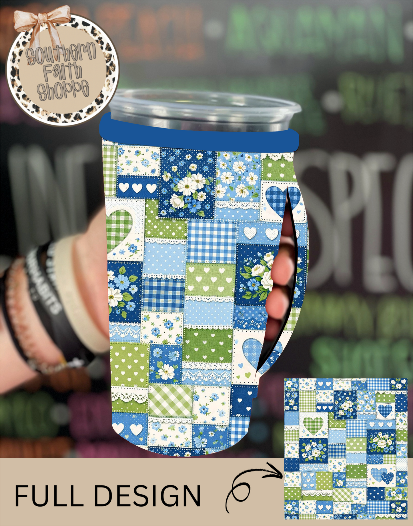 BLUE AND GREEN PATCHWORK | TEA SIZED 32oz