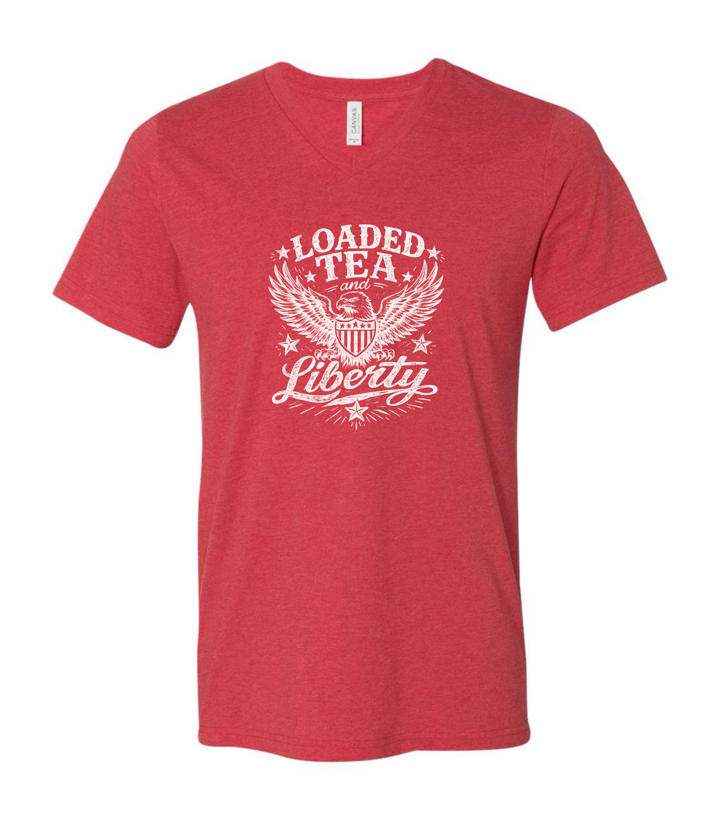 LOADED TEA AND LIBERTY| V- NECK RED T-SHIRT Tultex ( TO GET BULK PRICING MUST ORDER 6 OR MORE )