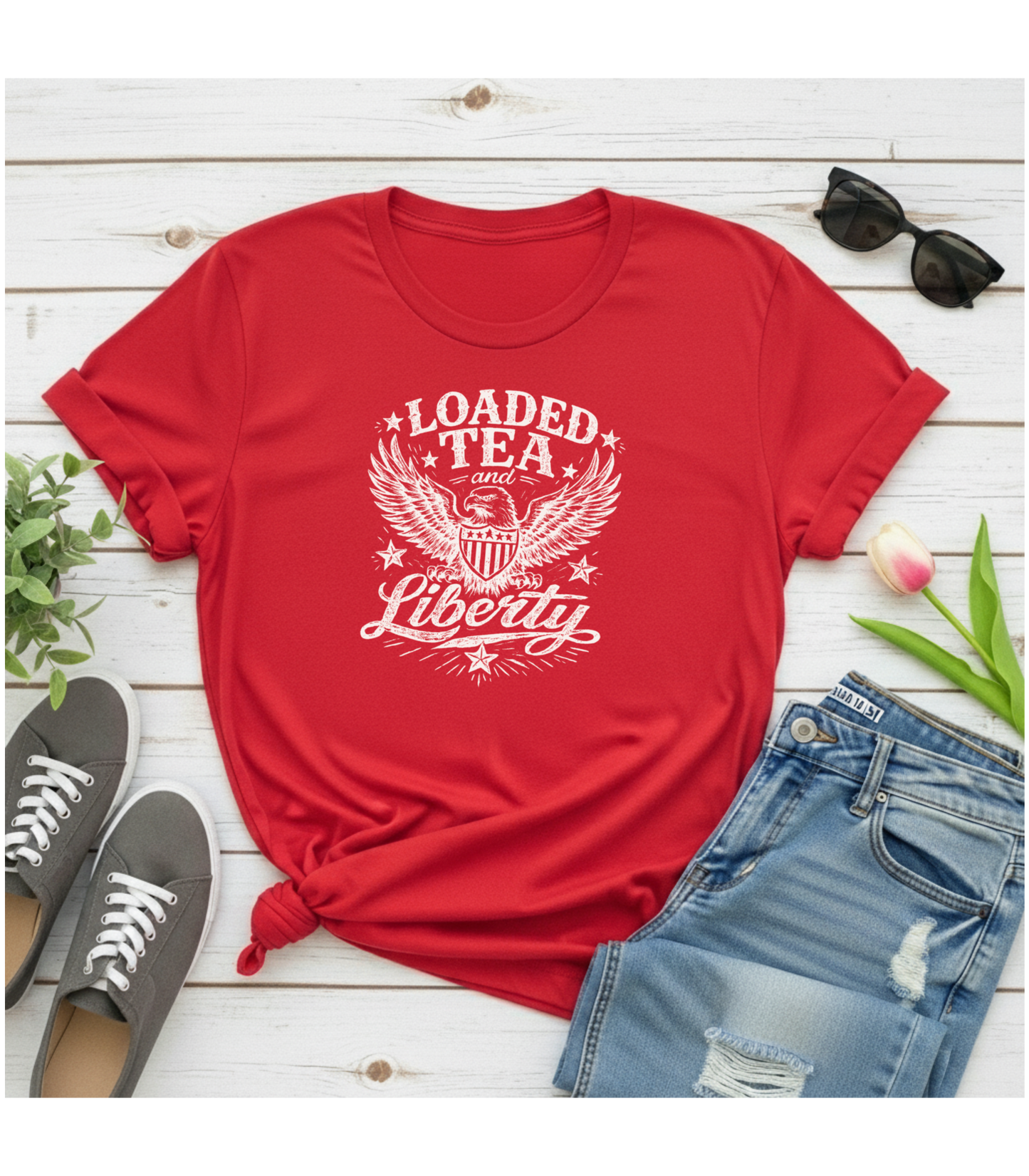 LOADED TEA AND LIBERTY| RED T-SHIRT Gildan ( TO GET BULK PRICING MUST ORDER 6 OR MORE )