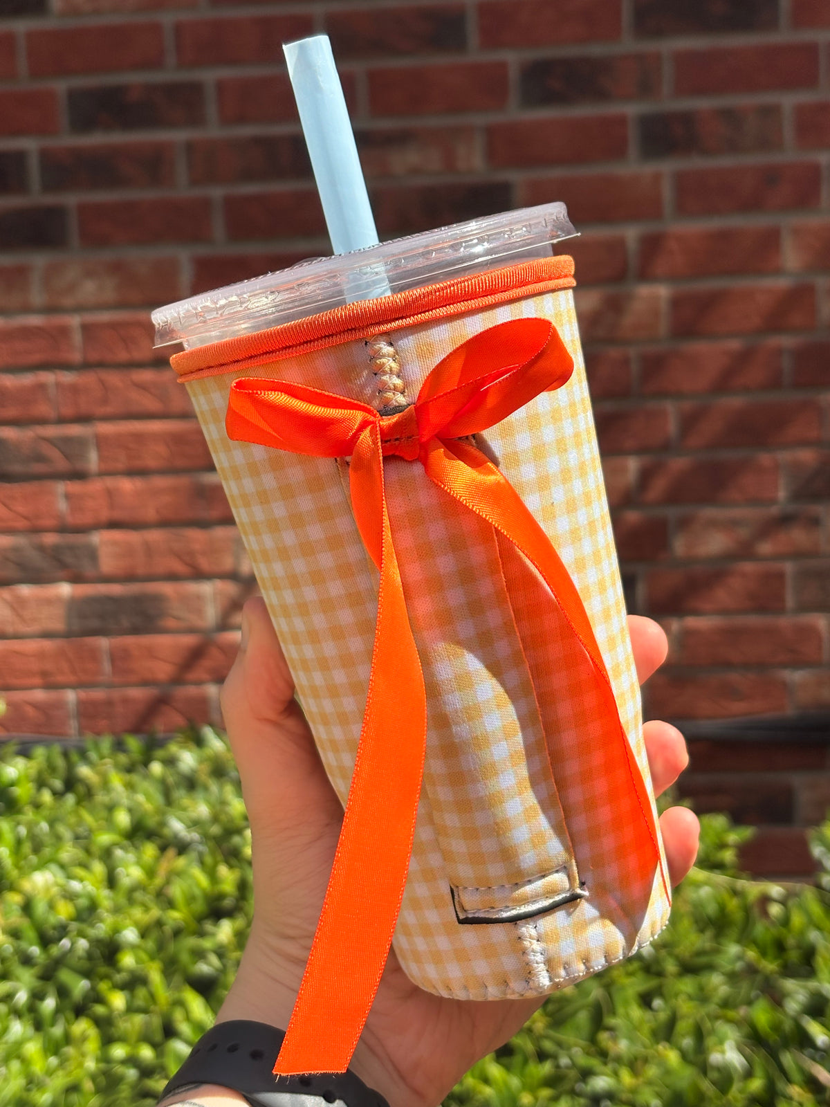 YELLOW GINGHAM W/ORANAGE | 32oz RIBBON KOOZIE