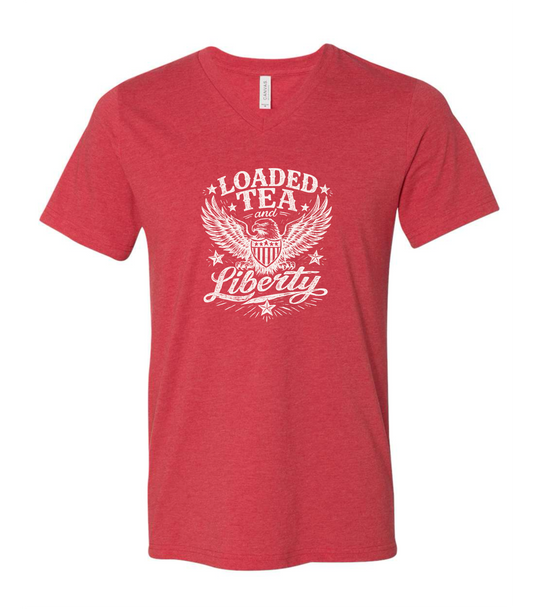 LOADED TEA AND LIBERTY| V- NECK RED T-SHIRT Tultex ( TO GET BULK PRICING MUST ORDER 6 OR MORE )