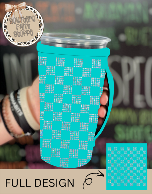 TEAL CHECKERED | RHINESTONE KOOZIE