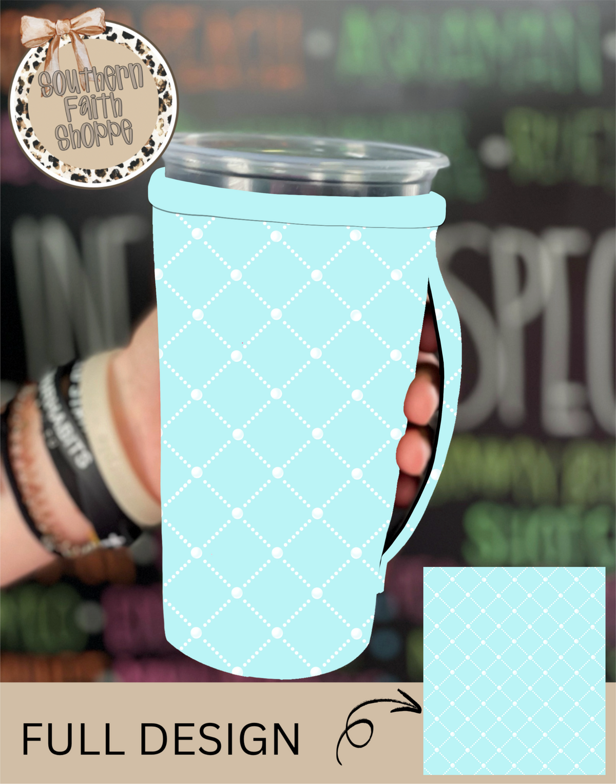 LIGHT BLUE PEARL LATTICE | 32oz RHINESTONE KOOZIE