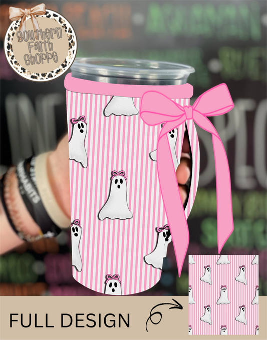 PINK STRIPED GHOSTS | RIBBON KOOZIE