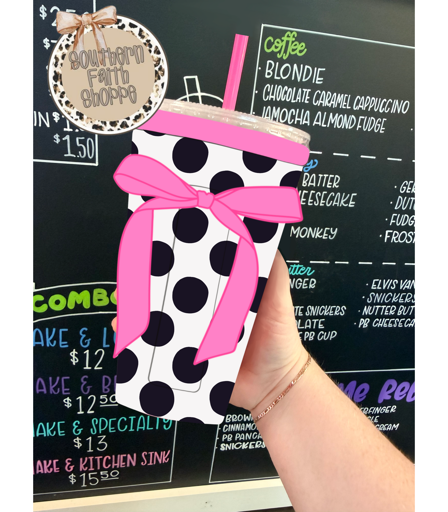 BLACK DOTS / PINK BOW| RIBBON TEA KOOZIE
